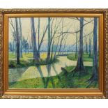 Scorcio di bosco con fiume, firmato Nerman 1922, olio su cartoncino, cm. 90x65