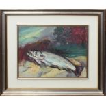 Pesce, olio su faesite, anni 50/60, cm. 45x35