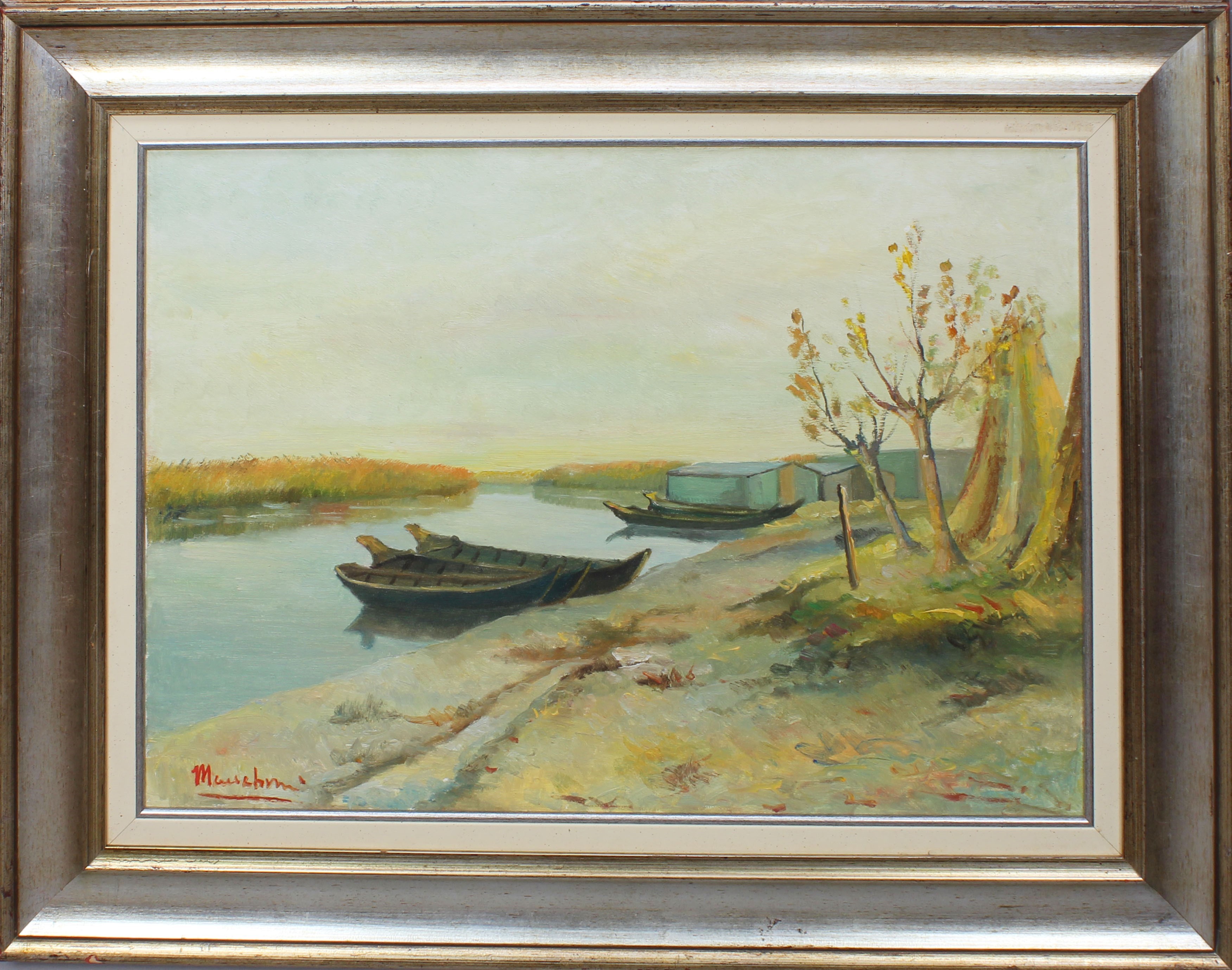 Barche sul lago di Mantova, a firma Maccabruni, olio su tela, cm. 70x50