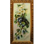 Fiori, olio su tela riportato su cartone, primi '900, cm. 40x95