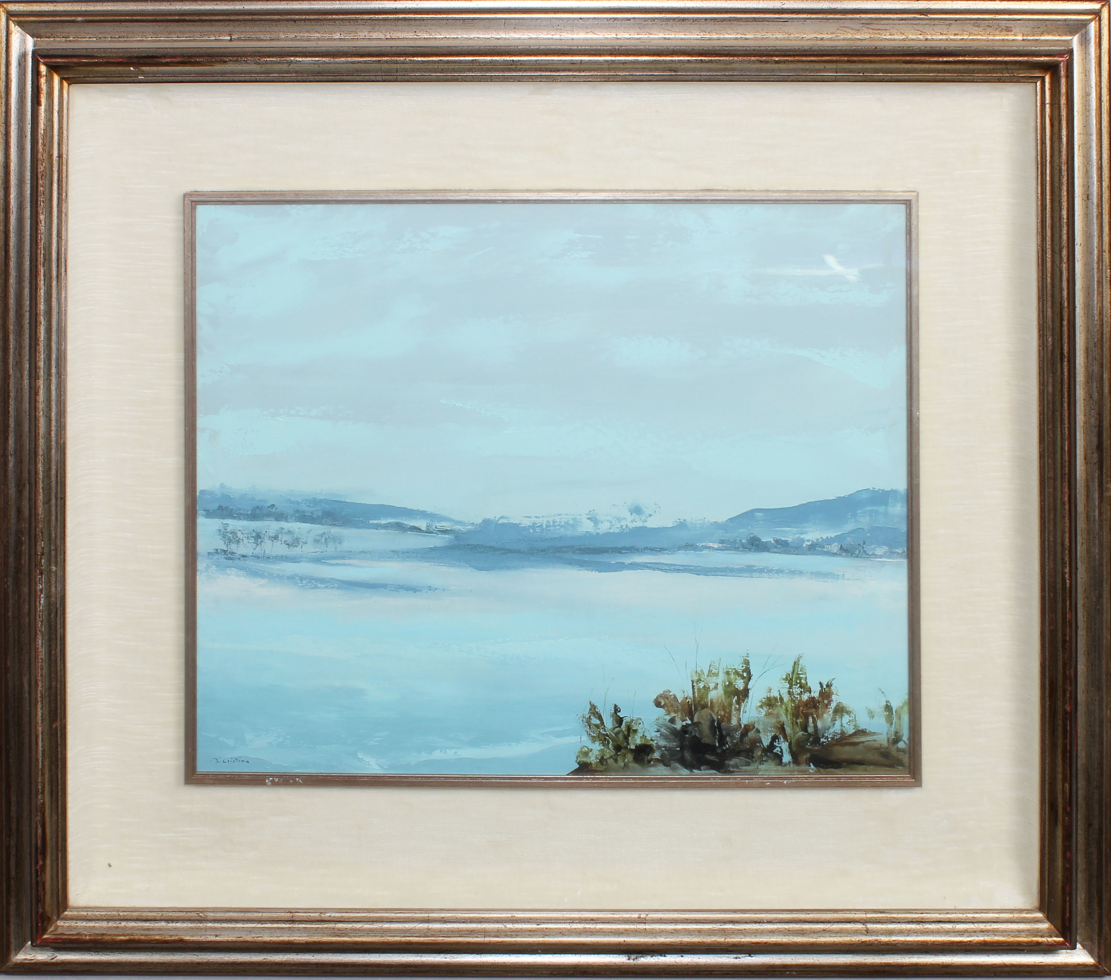 Lago con colline, a firma Di Cristina, olio, cm. 48x38