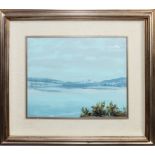 Lago con colline, a firma Di Cristina, olio, cm. 48x38