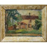 Casa di campagna, etichetta con la scritta Carlo Andreani, olio su compensato, anni 30/40, cm.