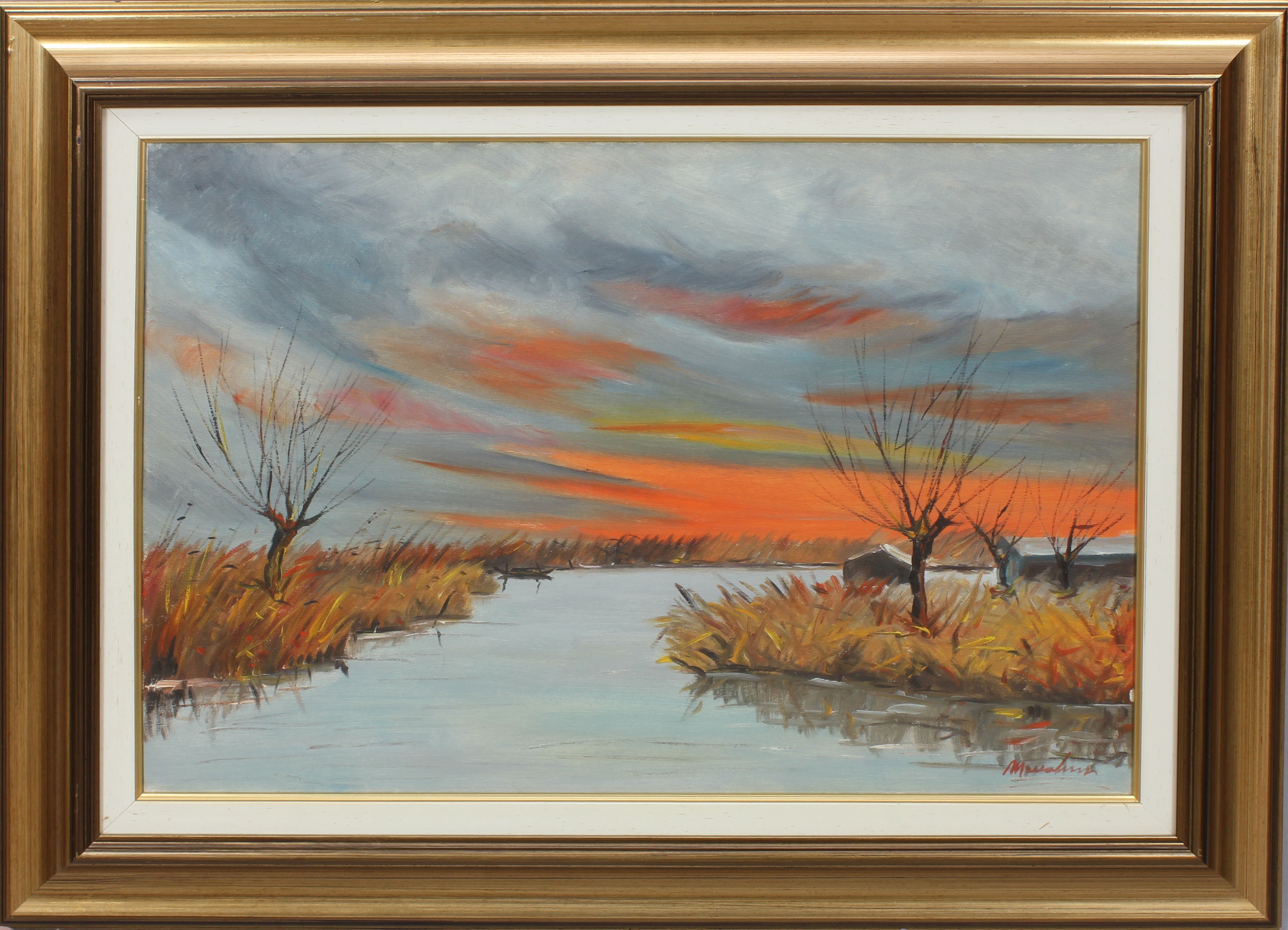 Tramonto sul lago, olio su tela, a firma Maccabruni 1972, cm. 68x48