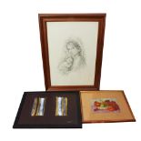 Lotto di 3 dipinti, di cui uno donna con bambino, disegno su cartoncino, a firma G. Tarantino Milano