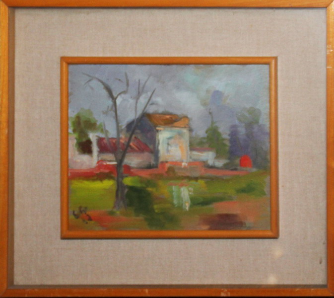 Casa nel parco, olio su faesite, firmato Et…. 62, cm. 25x20