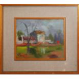 Casa nel parco, olio su faesite, firmato Et…. 62, cm. 25x20