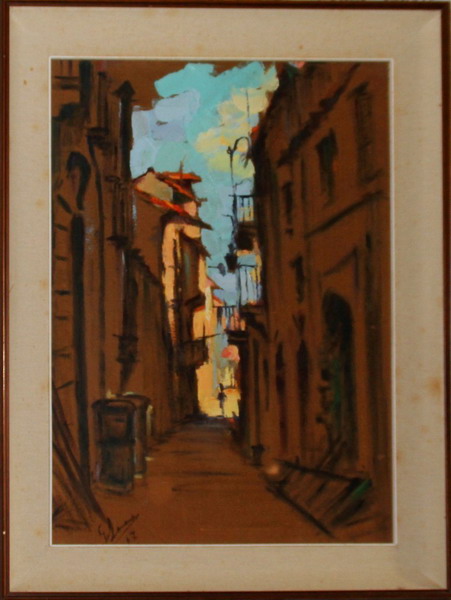 Vicolo di Città con personaggio, olio su faesite, Lamanna 67, cm. 50x70