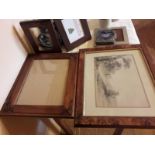 N. 6 cornici legno e metallo +1 paesaggio a carboncino con cornice radica