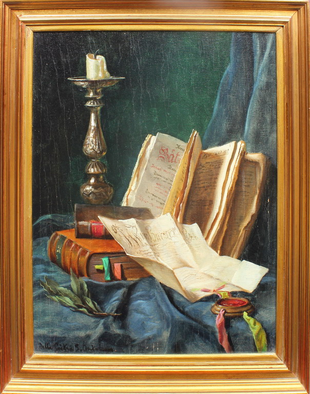 Natura morta con libro, olio su tela, primi '900, cm. 46x58