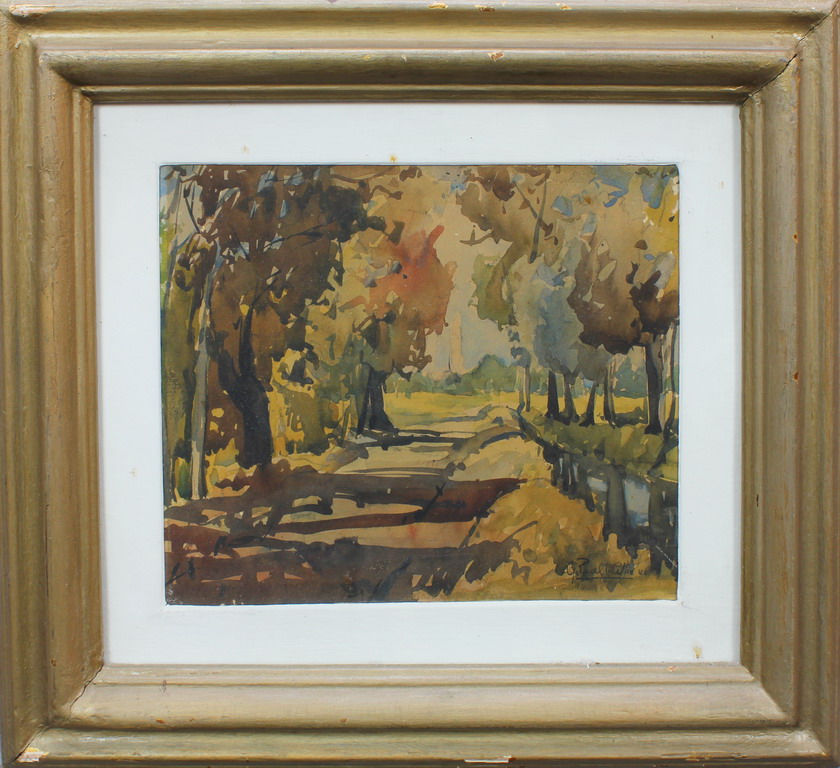 Paesaggio, acquerello, firmato in basso a destra e datato '46, cm. 28x23