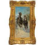 Cavalli in corsa con calesse, olio su tela, N. Joannis 1908, cm. 30x60