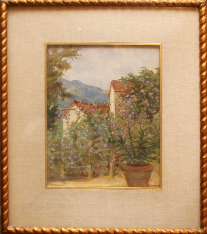 Case di montagna con giardino, olio, firmato Saravaneti, cm. 23x28