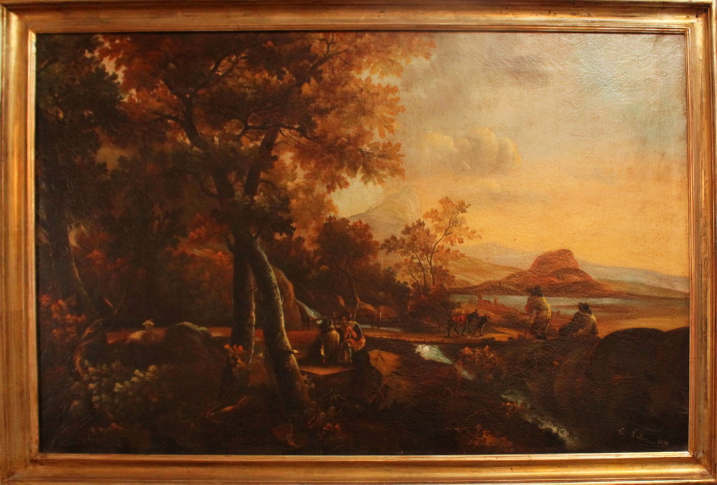 Scena di campagna con lago, inizi '900, cm. 120x80 ca.