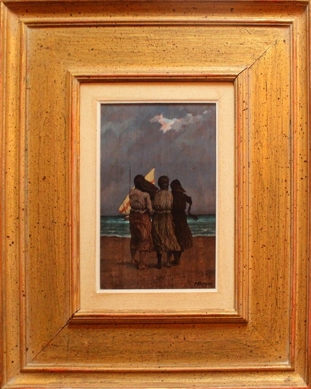 Donne di mare, firmato Fremura, anno 1980, acrilico su tavoletta, cm. 20x30