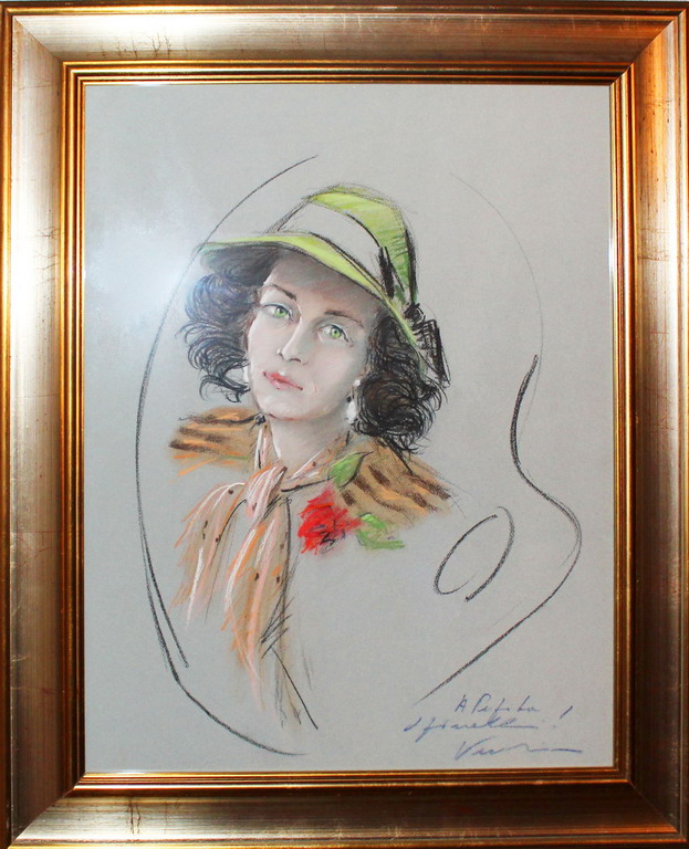 Ritratto di donna con cappello, firmato, cm. 50x65 ca.