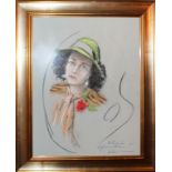 Ritratto di donna con cappello, firmato, cm. 50x65 ca.