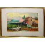 Casa con pecore, a firma Cavalli, olio su tela, s.d., cm. 27x19