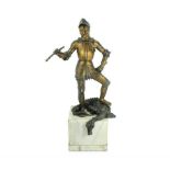 San Giorgio e il drago, scultura in bronzo firmata August KRAUS (1868-1934) cm. 42 e cm. 15 di