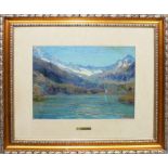 Lago fra i monti, a firma Monfardini, olio su tela, cm. 41x30