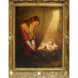 Madonna con Bambin Gesù, olio su cartone riportato su tavola, primi '900, cm. 60x80, cornice coeva