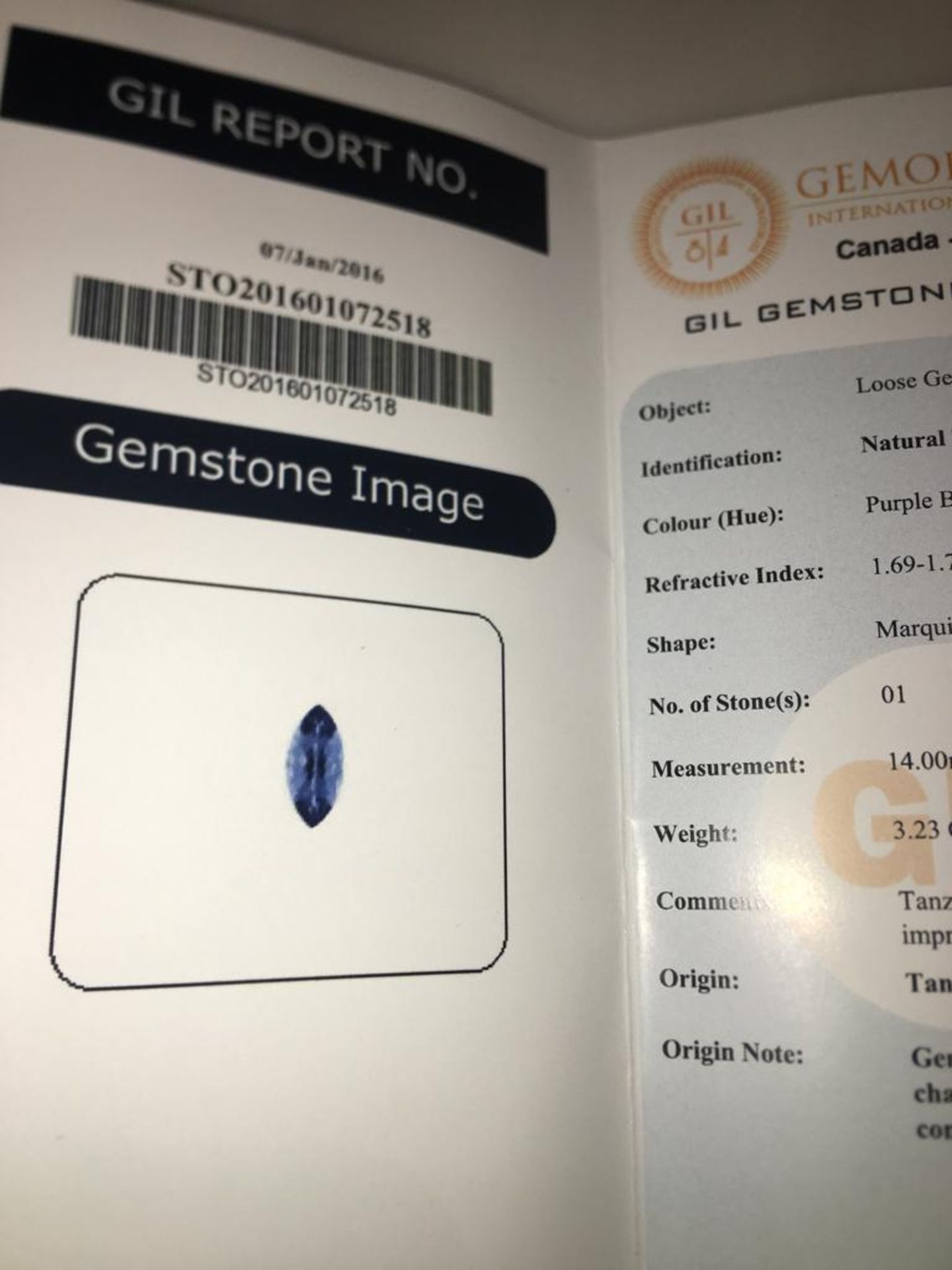 3.23 CARATS NATURAL TANZANITE COLOUR PURPLE BLUE WITH GIL CERTIFICATE - Image 4 of 4