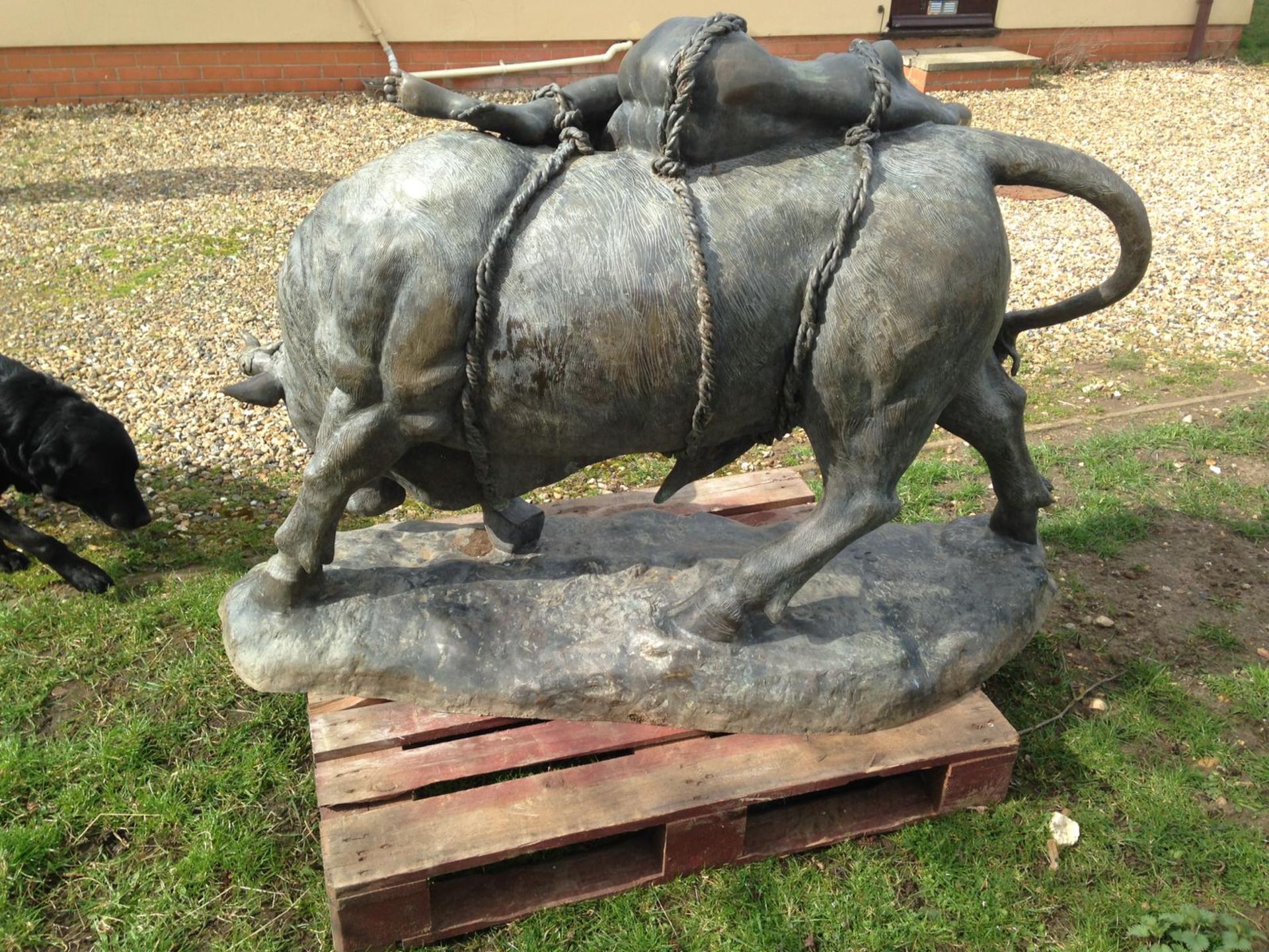 CAST IRON BULL WITH LADY LYING ON TOP SCULPTURE ORNAMENT - Image 3 of 6