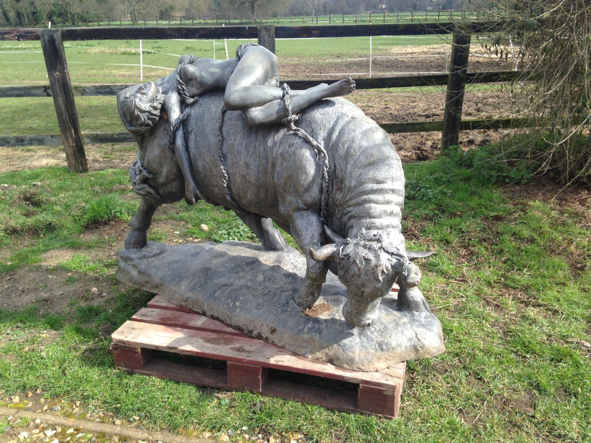 CAST IRON BULL WITH LADY LYING ON TOP SCULPTURE ORNAMENT - Image 2 of 6