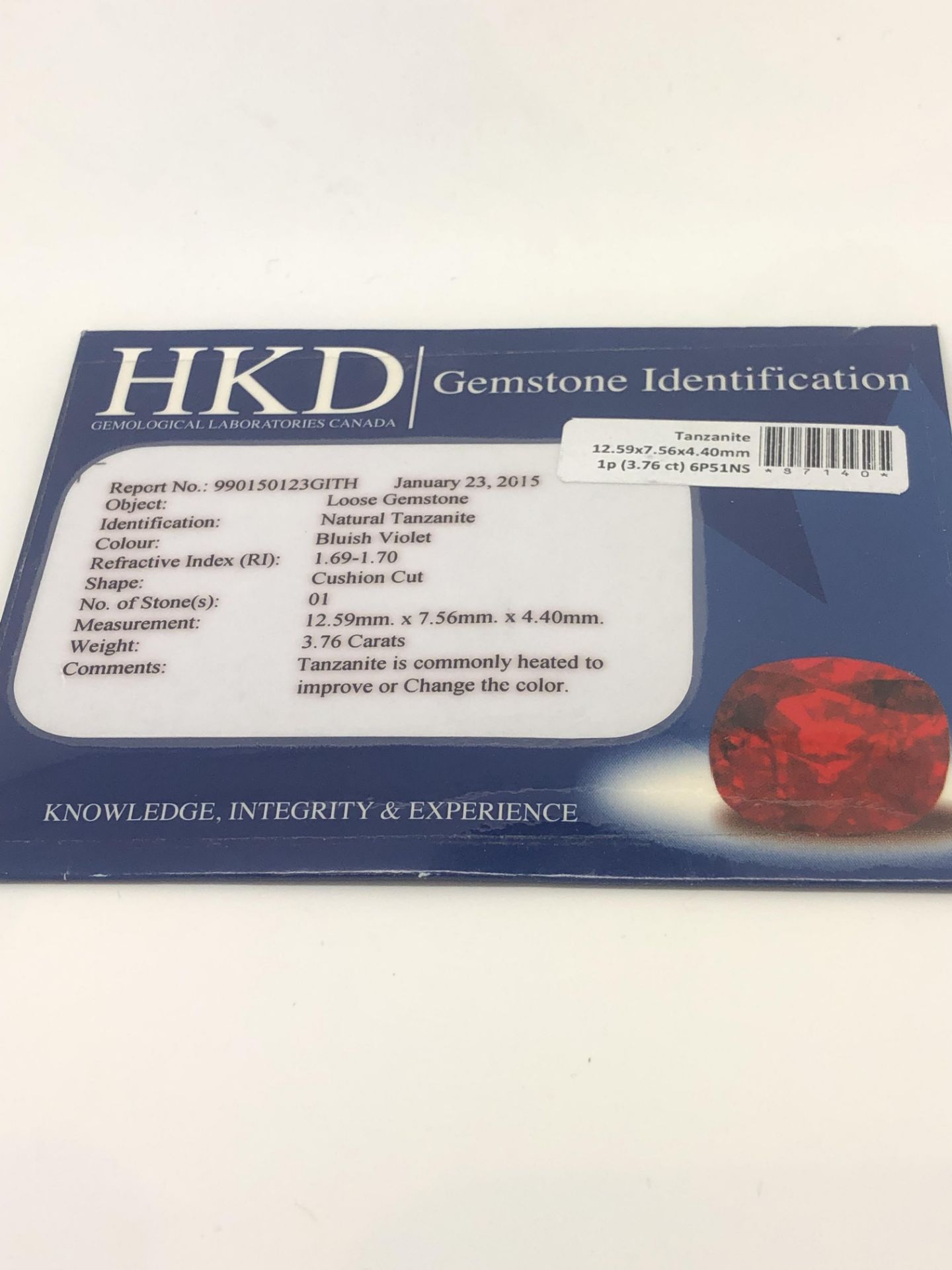 3.76CT NATURAL LOOSE TANZANITE HKD CERTIFICATE