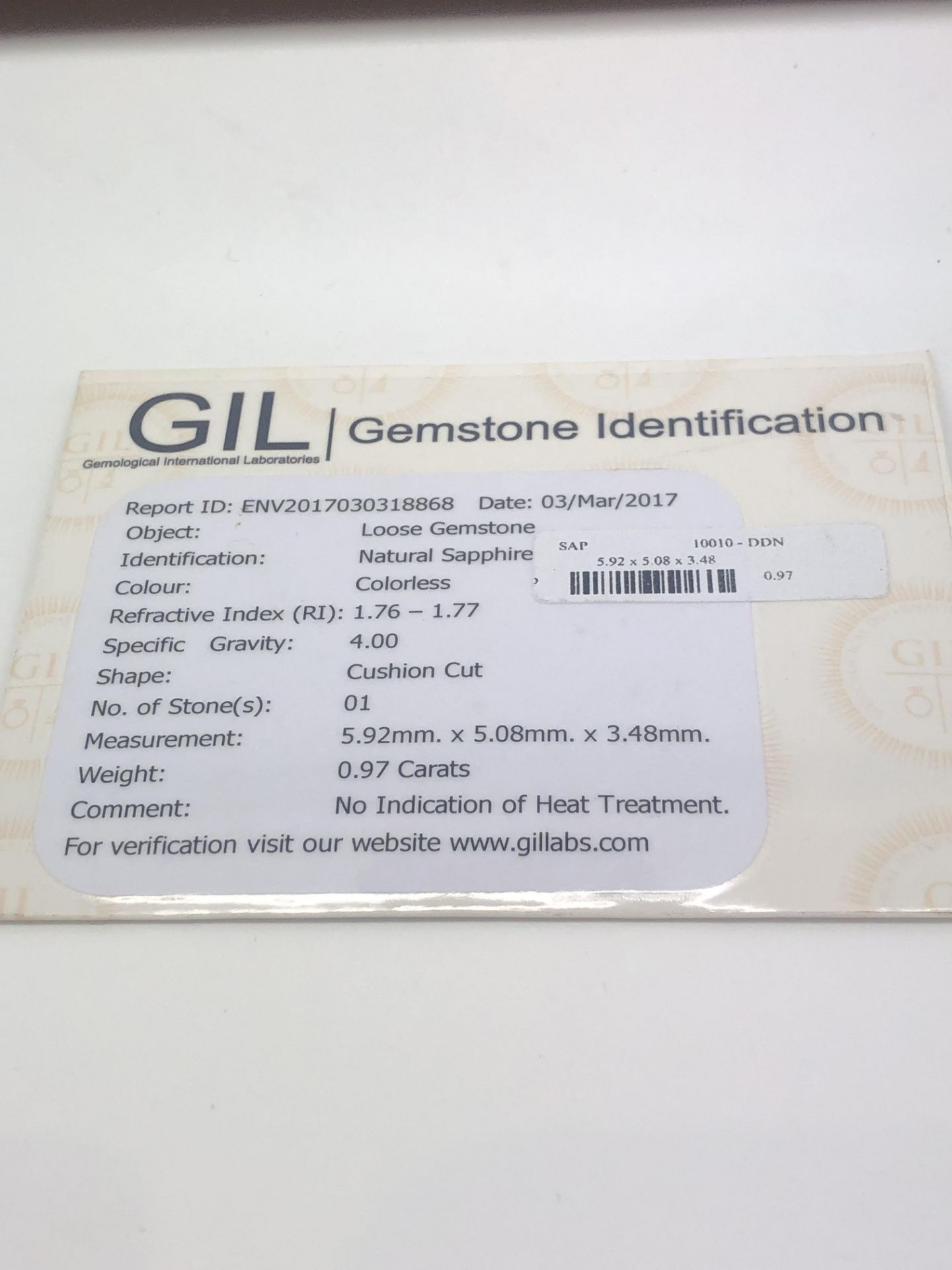 UNHEATED 0.97CT NATURAL SAPPHIRE GIL CERTIFICATE - Image 2 of 3