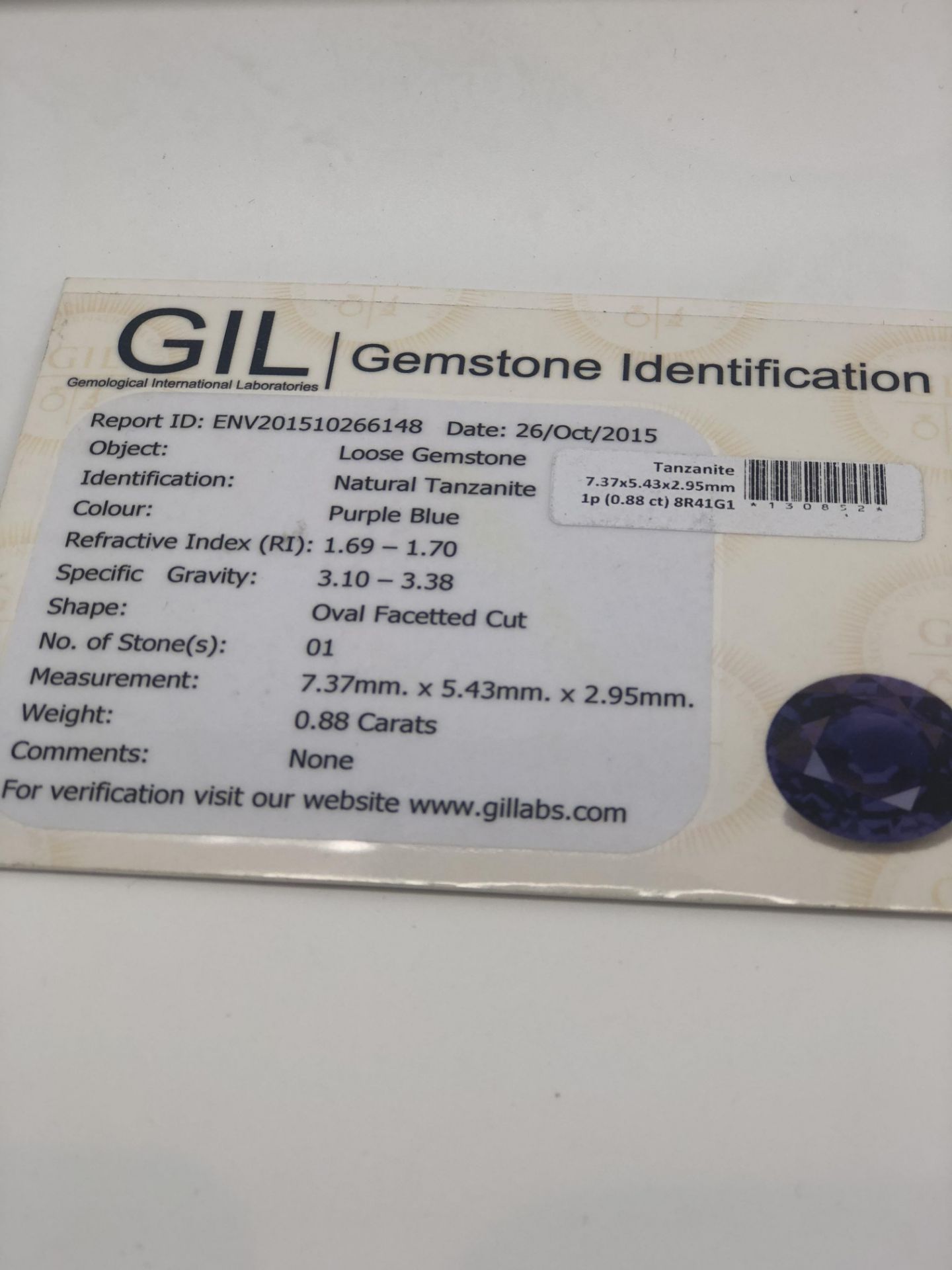 0.88CT NATURAL TANZANITE GIL CERTIFICATE - Image 2 of 3