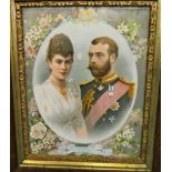 Ornate, framed late 19th century print celebrating the marriage of Duke & Duchess of York, 1893