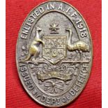 WW1 Australian 1918 Enlistment badge ‘B’