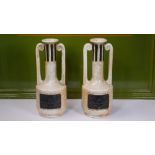 Pair Art Deco Glazed Clay Twin Handle Vases