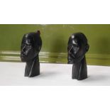 Pair African Art - African Bust Carving Ebony Wood