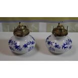 Pair Schwarzenhammer Porzellan Blue and White Oil Lamps