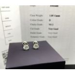 A New Pair of One Carat Diamond Stud Earrings Round Cut VS2 Clarity/D Colour. Certificate Included