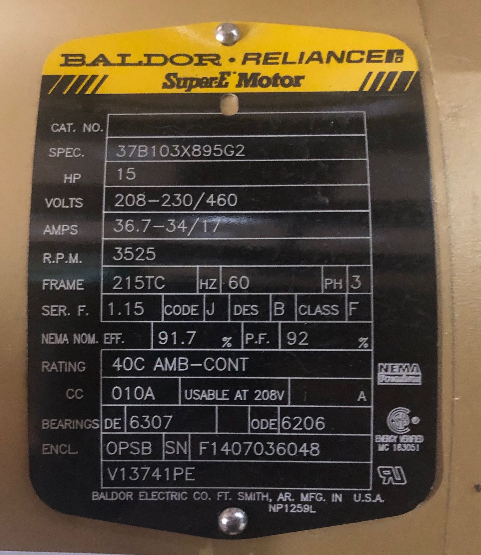 Baldor 15 HP Premium Efficiency ODP 208-230/460 Volts 3 Phase 3525 RPM 215TC Motor Frame - Image 2 of 2