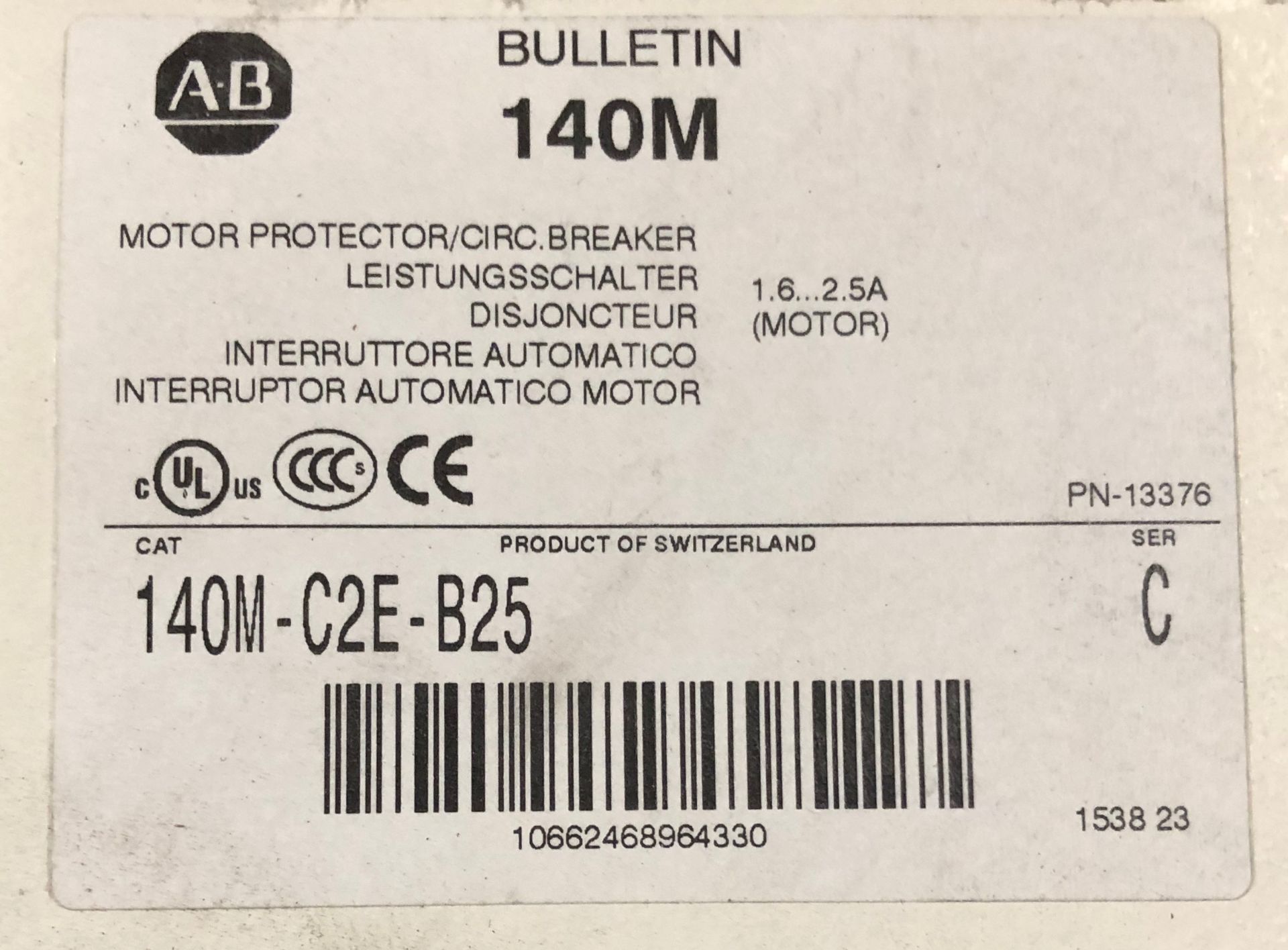 AB Allen Bradley Bulletin 140M Cat # 140M-C2E-B25 Motor Protection Breaker 1.6-2.5 Amp C Frame 3 - Image 2 of 2