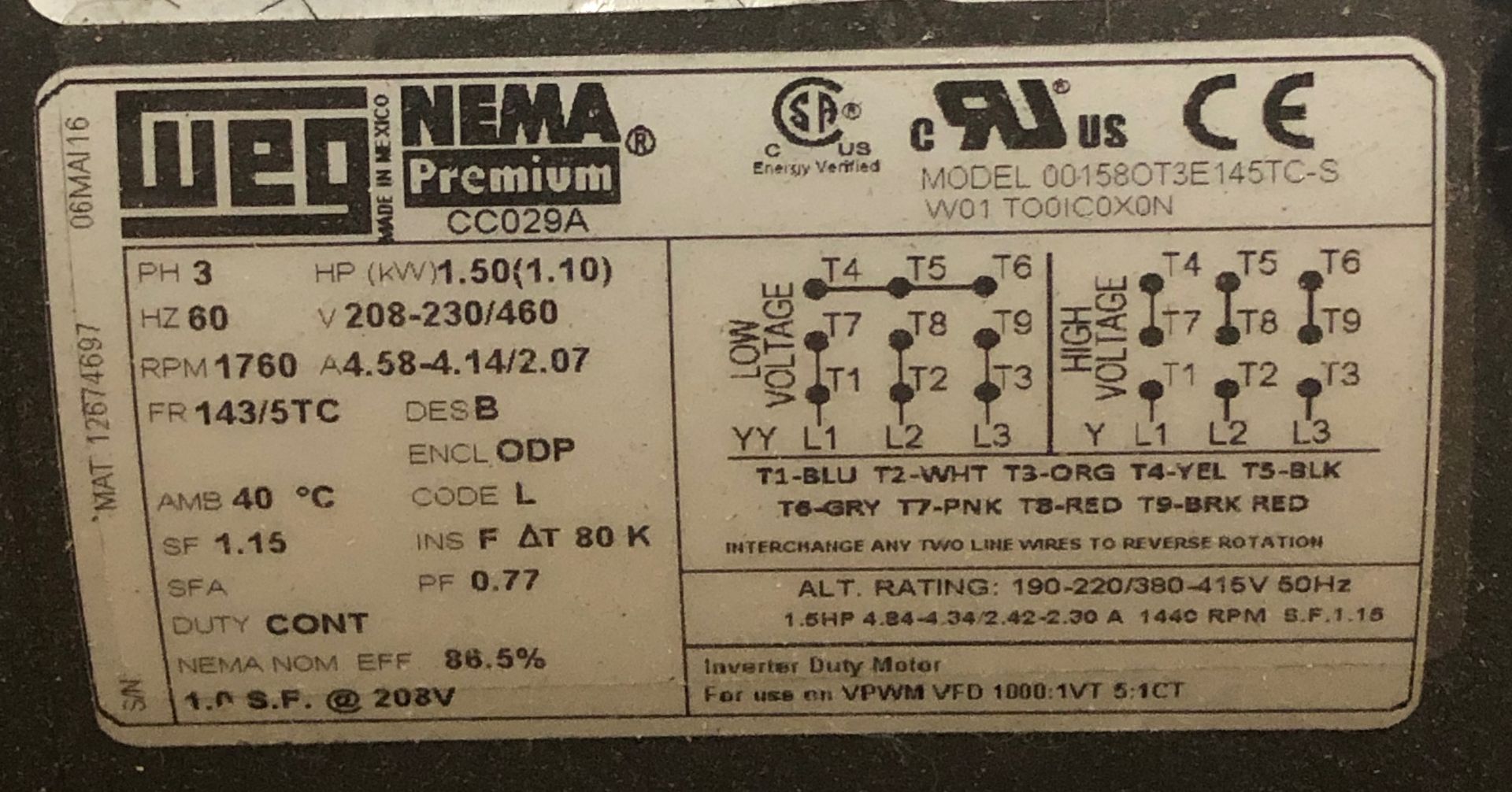 (1) Weg 1.5 HP Electric Motor 208-230/460 Volts 3 Phase 1750 RPM 143/5TV Motor Frame Premium - Image 2 of 3