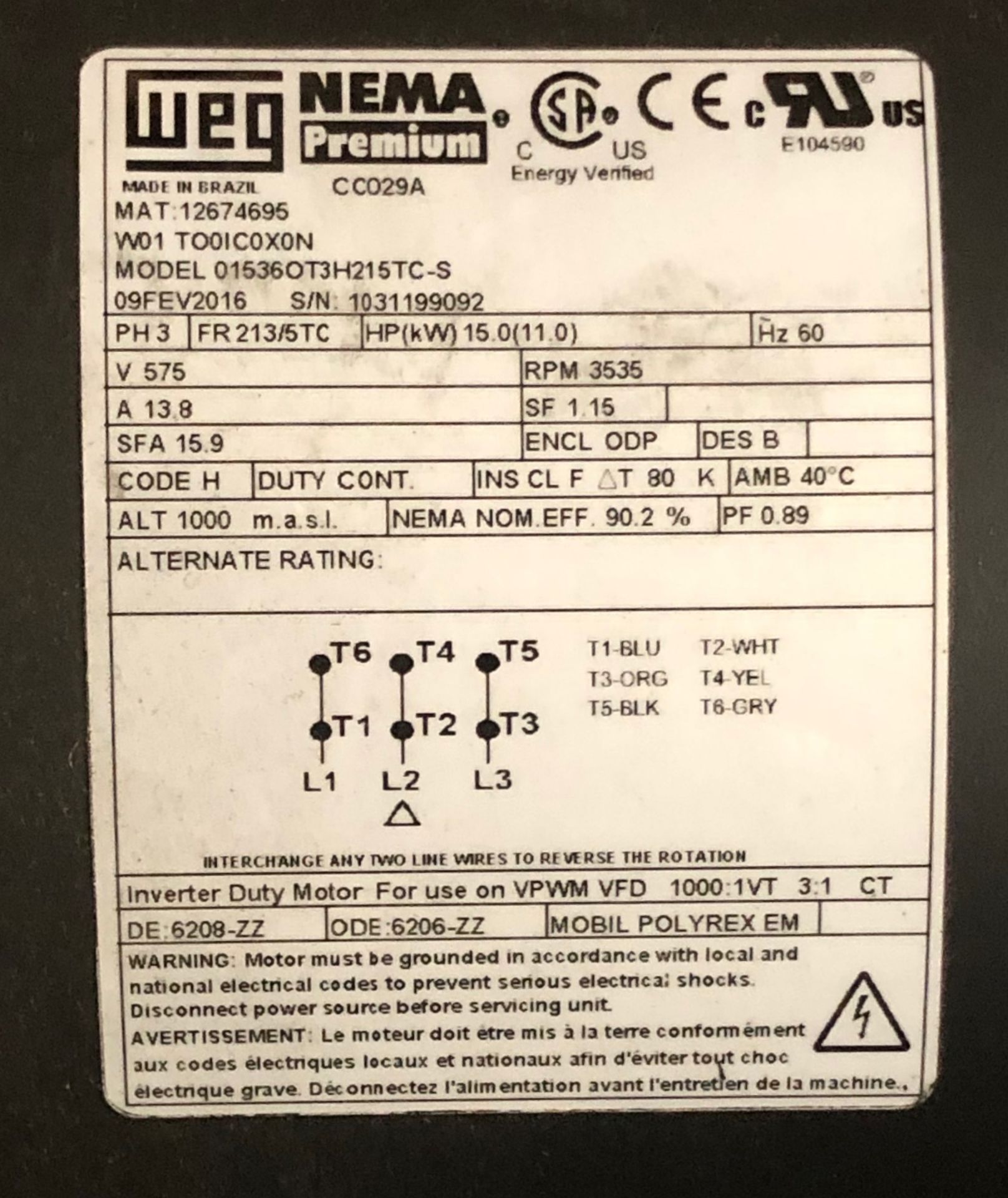 (1) Weg 1.5 HP Electric Motor 208-230/460 Volts 3 Phase 1750 RPM 143/5TV Motor Frame Premium - Image 3 of 3