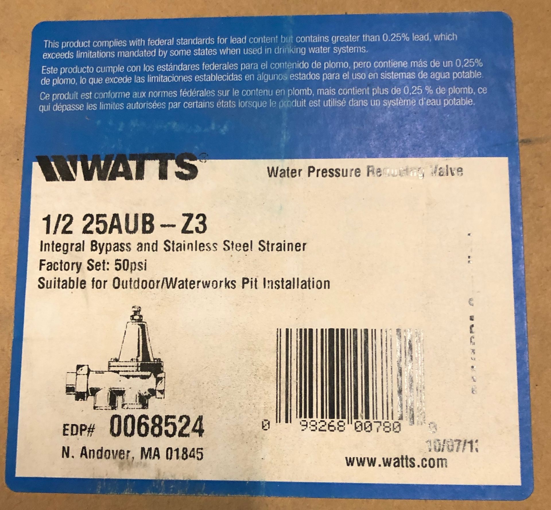 Watts Water Pressure Reducing Valve 1/2 25AUB - Z3 Integral Bypass & Stainless Steel Strainer - Image 2 of 3