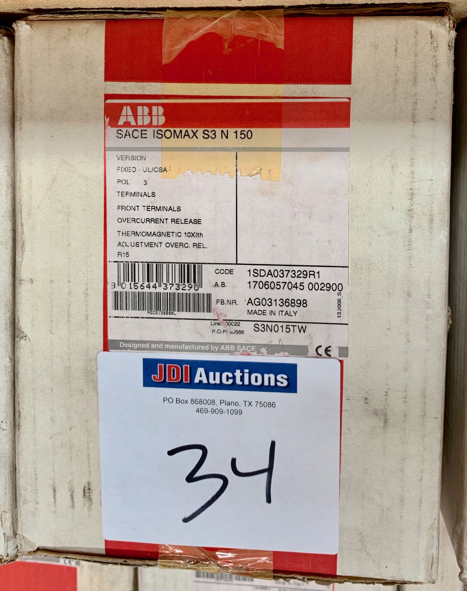 (3) ABB SACE ISOMAX S3N015TW Code 1SDA037329R1 15 Amp Circuit Breaker - new, never used - Qty. 3 - Image 2 of 2
