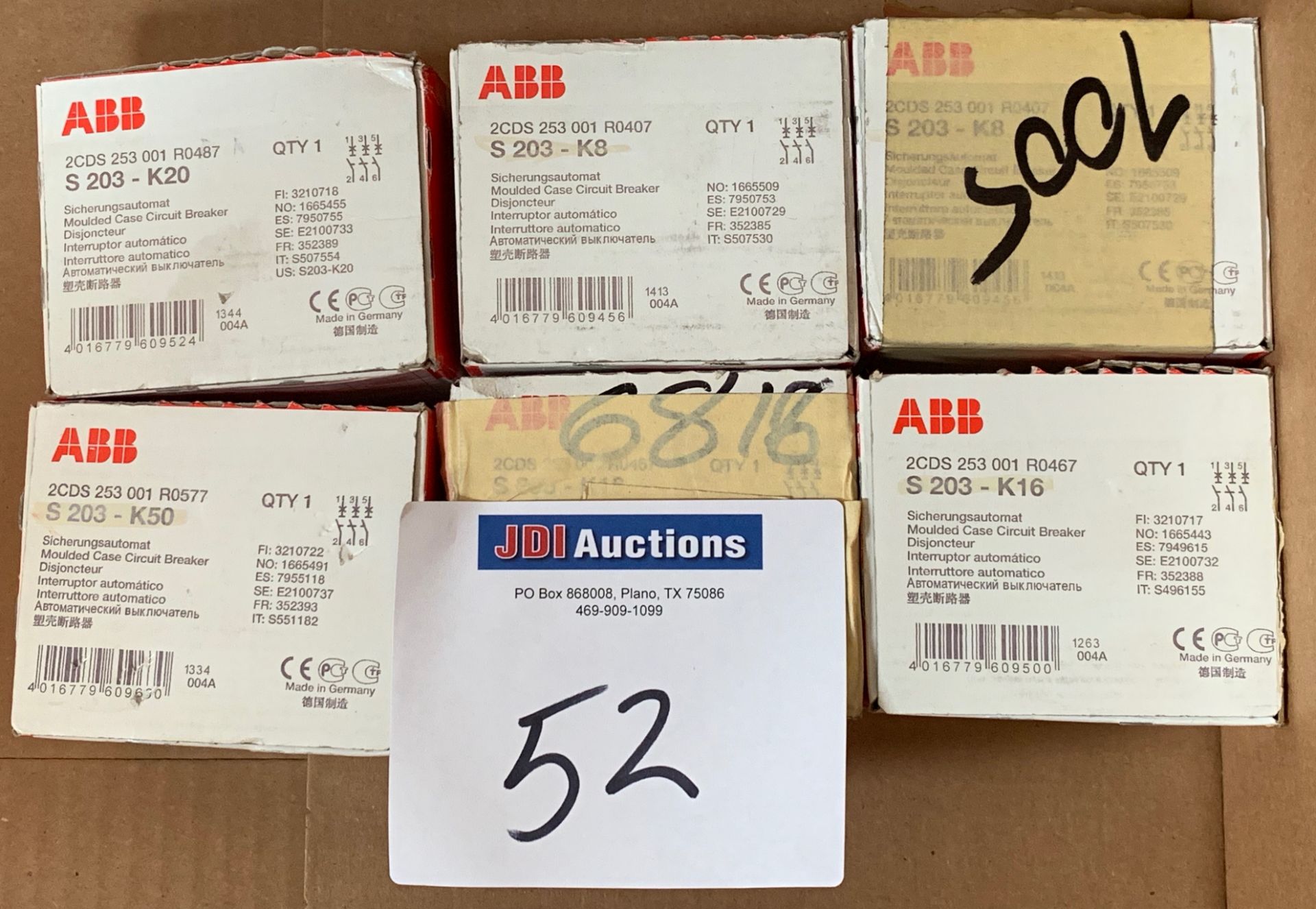 (2) ABB S203-K8, (2) ABB S203-K16, (1) ABB S203-K20 and (1) ABB S203-K50 Circuit Breakers - Qty. 6