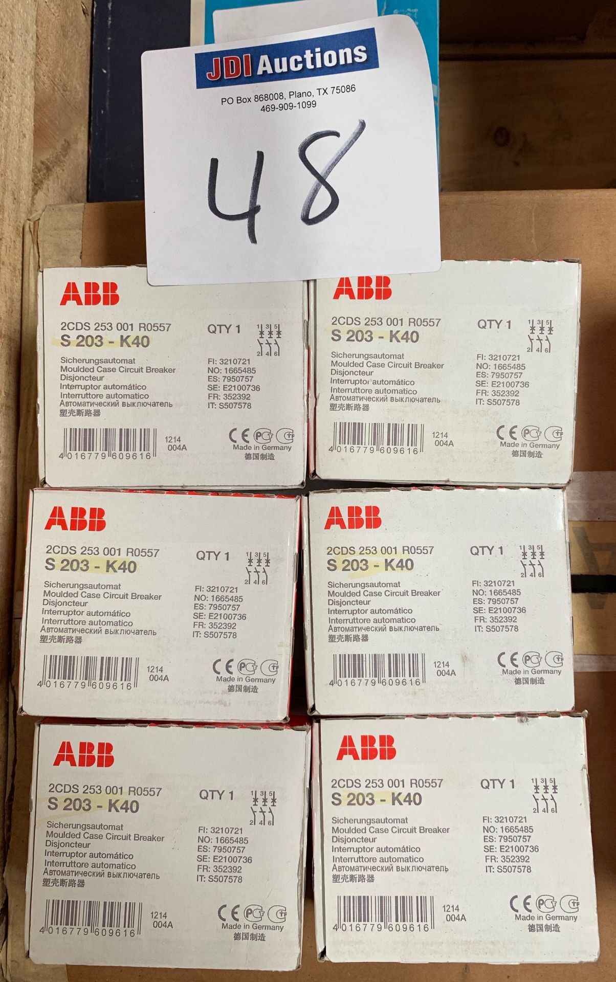 (6) ABB Model S203-K40 Circuit Breakers, K Curve, 3-Pole, 40 Amps - new, never used - Qty. 6