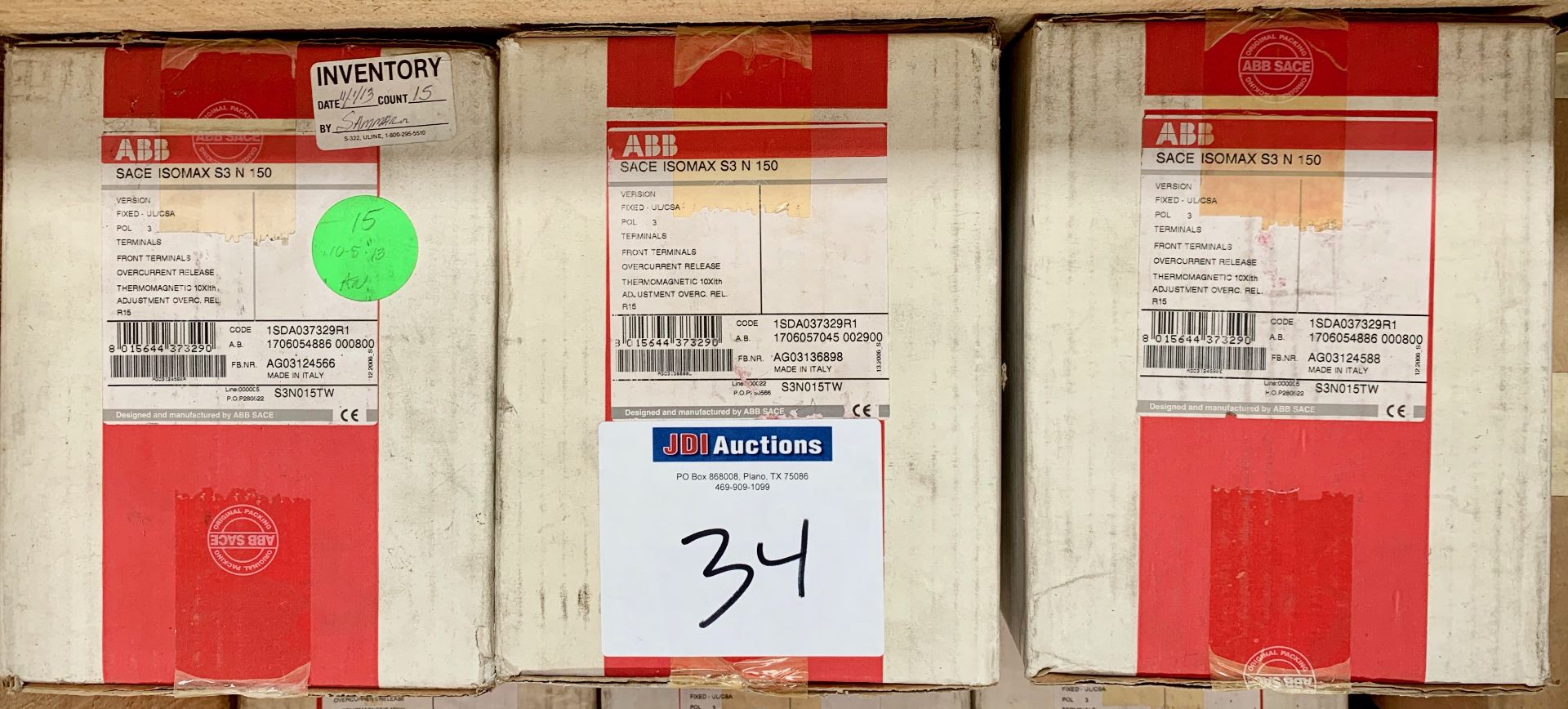 (3) ABB SACE ISOMAX S3N015TW Code 1SDA037329R1 15 Amp Circuit Breaker - new, never used - Qty. 3