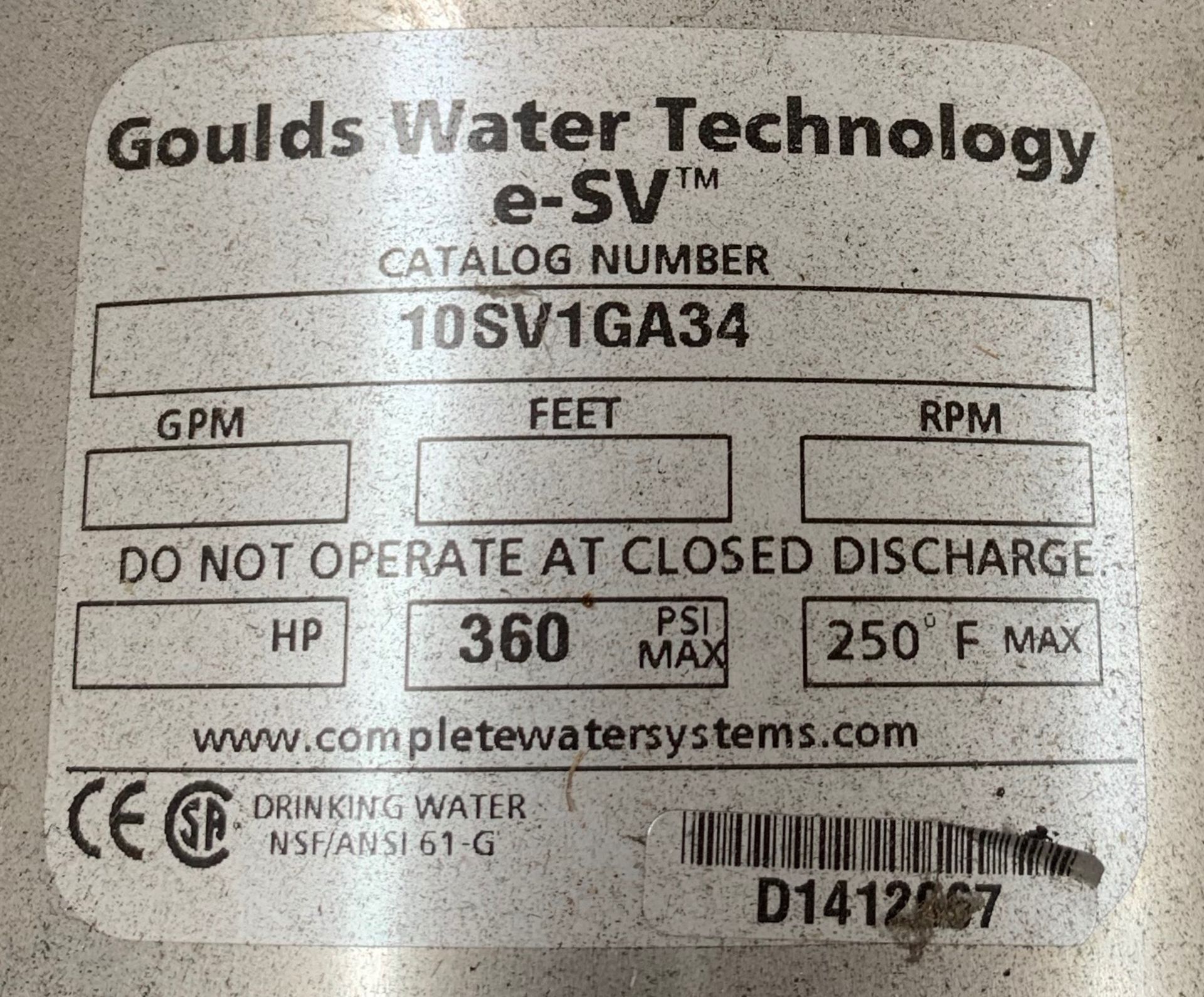 Goulds ESV Series Model 10SV1GA34 Liquid End Water Pump, 50 gpm @ 45 TDH and 19 PSI - Image 2 of 2