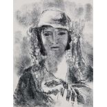 Mueller, Albert. (1884 Schwandorf - 1963 Bremen). Bildnis einer Frau mit Hut. Kohlestift auf