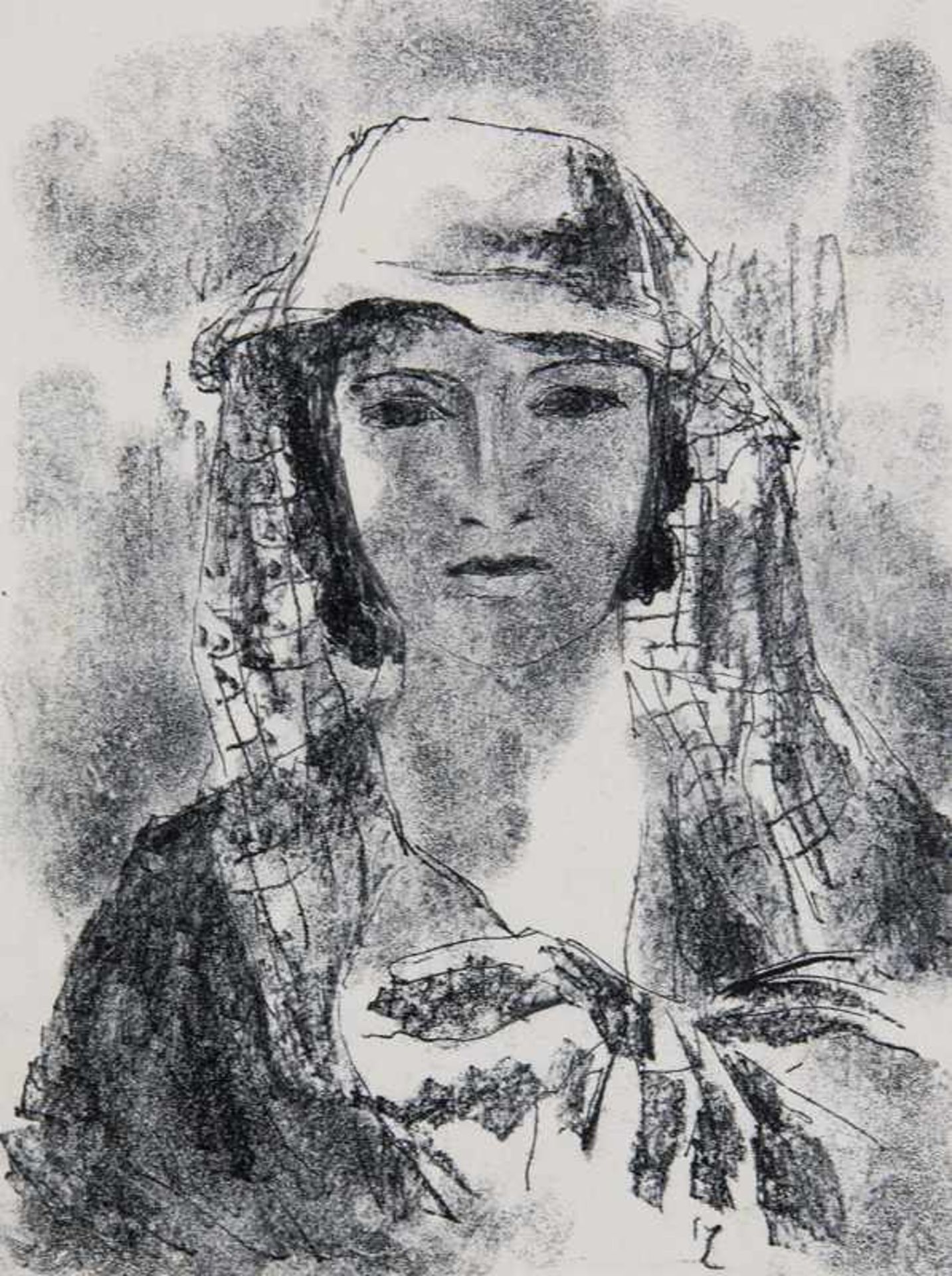 Mueller, Albert. (1884 Schwandorf - 1963 Bremen). Bildnis einer Frau mit Hut. Kohlestift auf