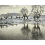 Eicke, Friedrich. (1883 - 1975). Winter am Wasser. Pastell auf hellgelbem Bütten. Ca. 34,5 x 44